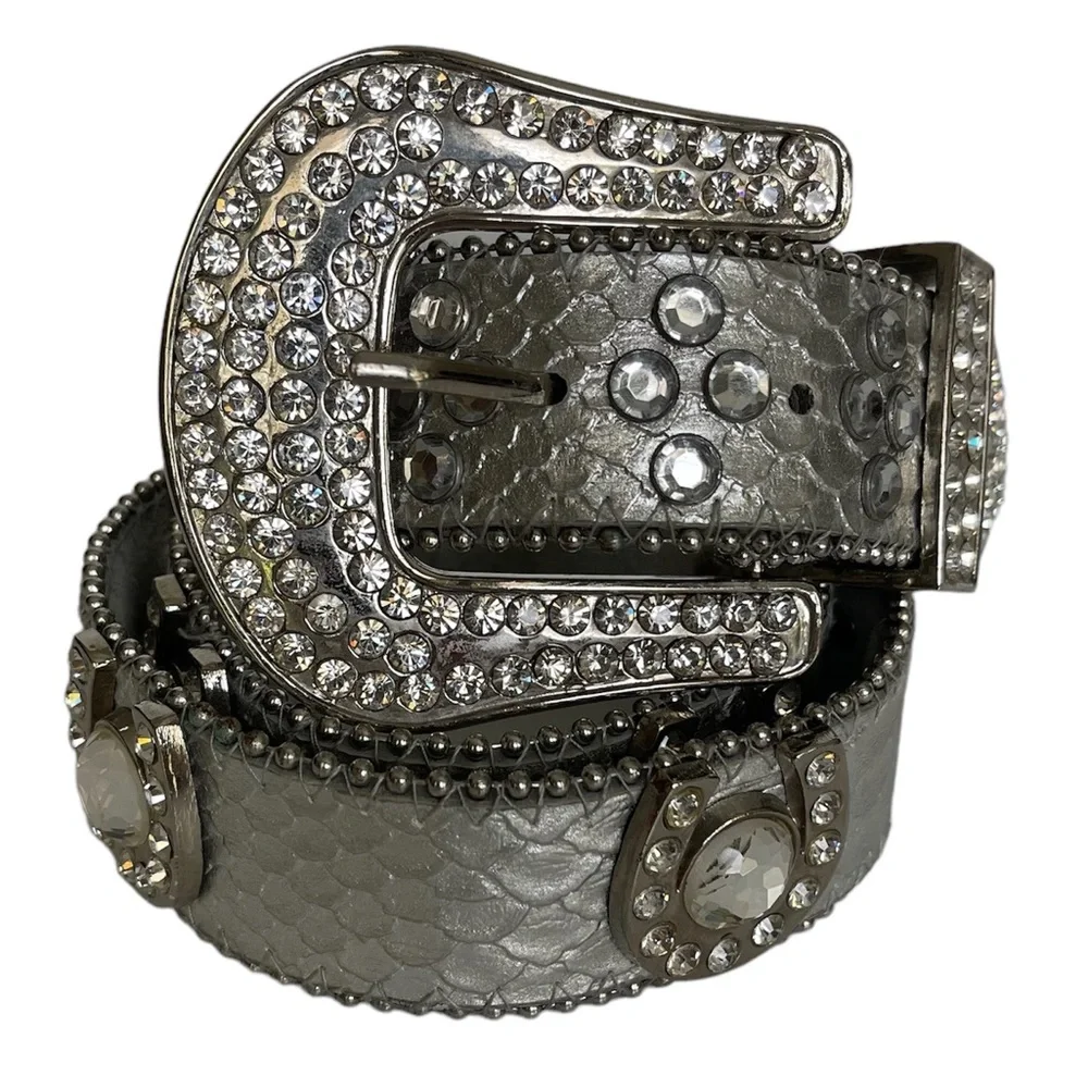 Western Cowgirl metallic silver rhinestone horseshoe bling leather belt Size M/L